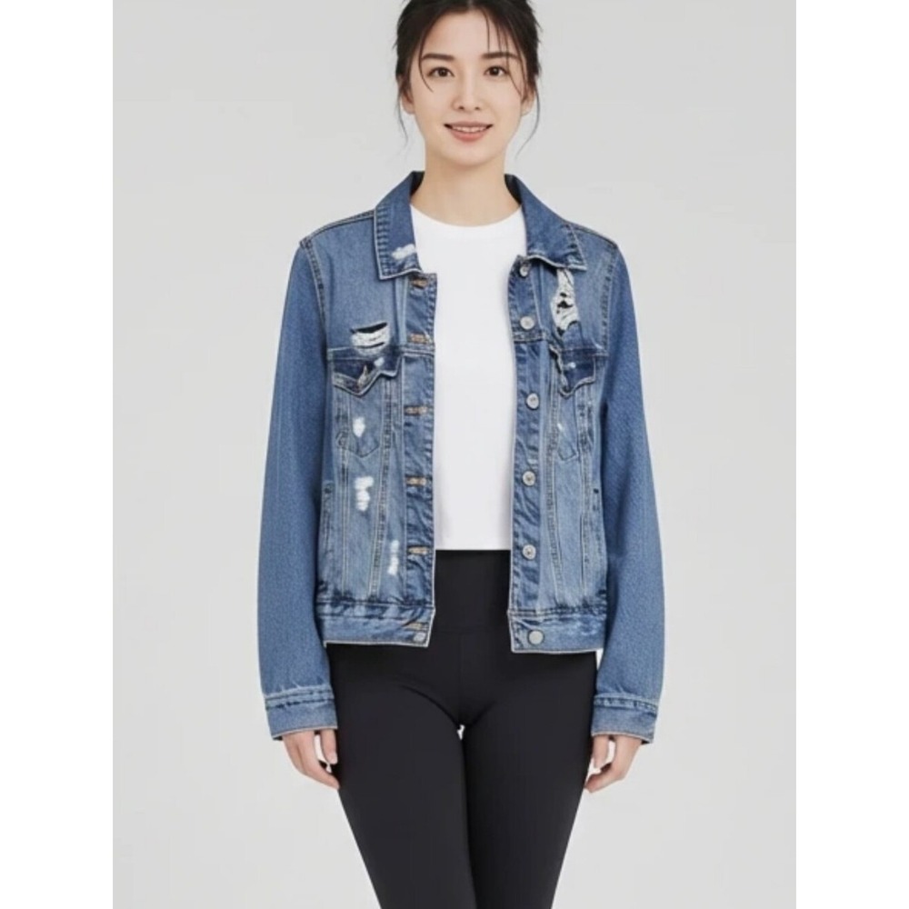 Evidnt Blue Denim CROPPED JEAN Jacket with Distressed Details SIZE SMALL